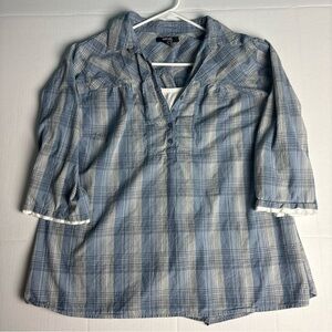 Krazy Kat Women's 2X Shirt Blue White Plaid Layer 3/4 Sleeve Cotton Half Button